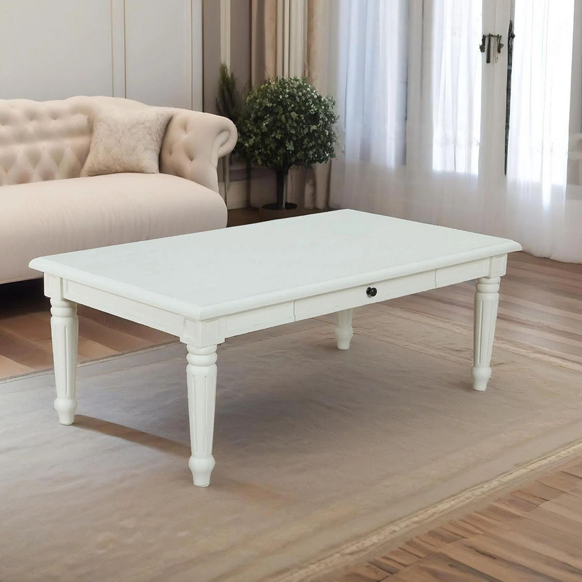 COUCHTISCH antik weiß, antik patiniert mit 2 Schubladen - Weiß, Holzwerkstoff (135/75/51cm) - ebuy24