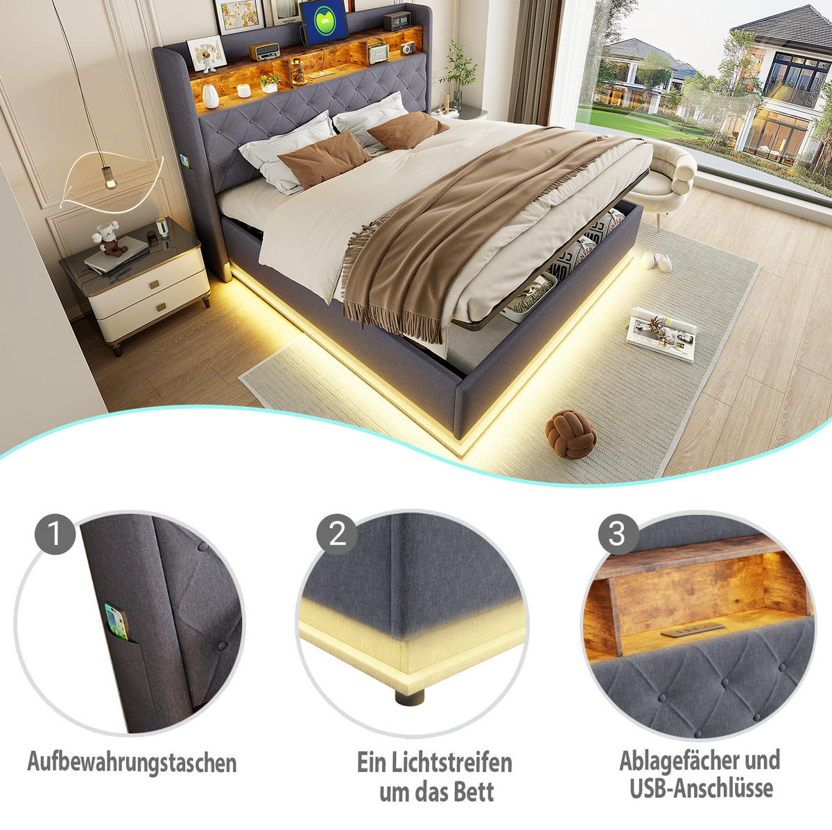 POLSTERBETT aus Leinenstoff 180/200 cm mit LED-Beleuchtung, USB-Anschluss und hydraulischem Stauraum, Grau - Grau, Textil (180/200cm) - Redom