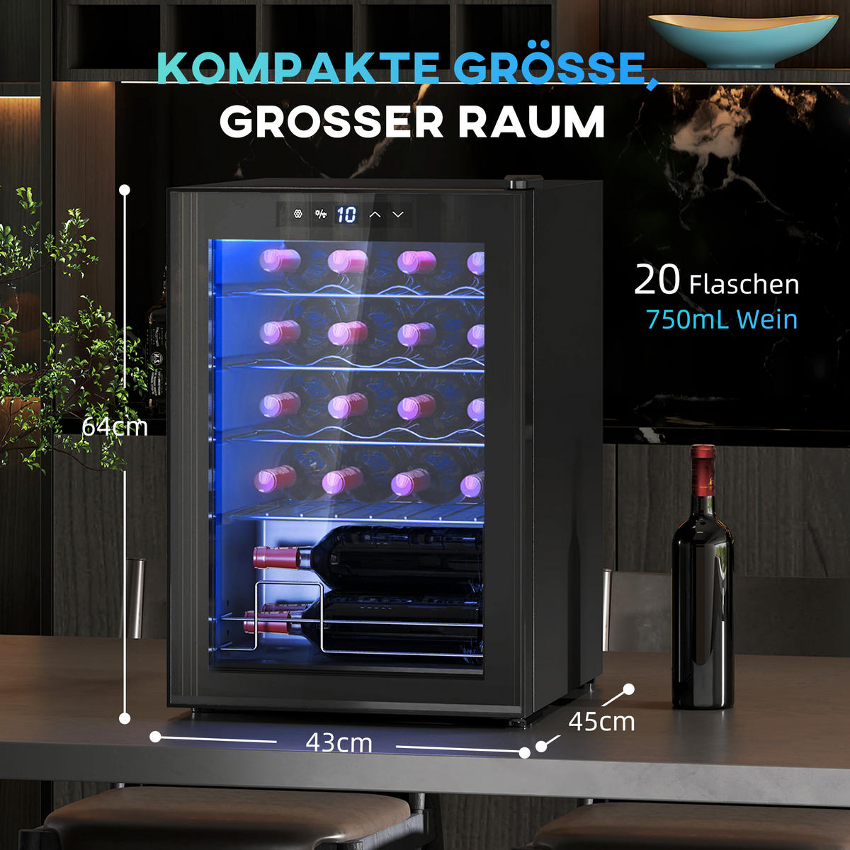 WEINKÜHLSCHRANK Metall Hartglas Schwarz - Schwarz, Metall (45/64/43cm) - HOMCOM