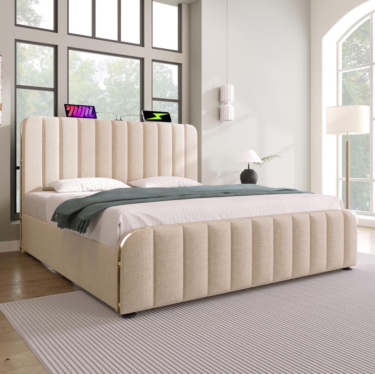 POLSTERBETT 160/200 cm beige aus Leinen mit USB-C und hydraulischem Stauraum - Beige, Textil (160/200cm) - OKWISH