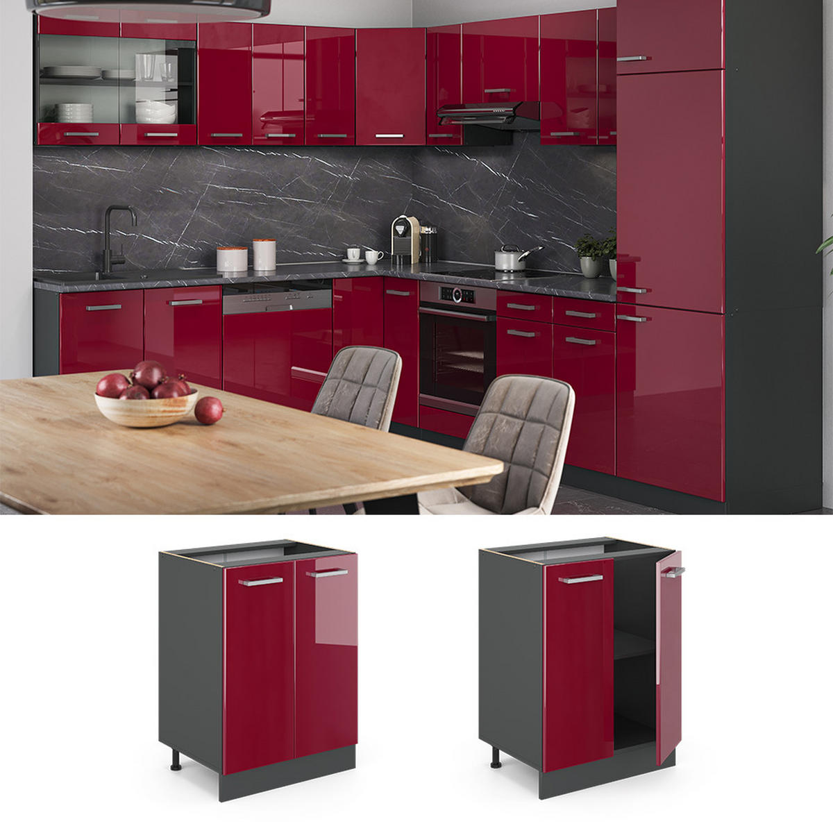 KÜCHENUNTERSCHRANK R-Line Rot Hochglanz 60 cm AP Marmor - Anthrazit/Rot, Holzwerkstoff (60/81.6/46cm) - Vicco