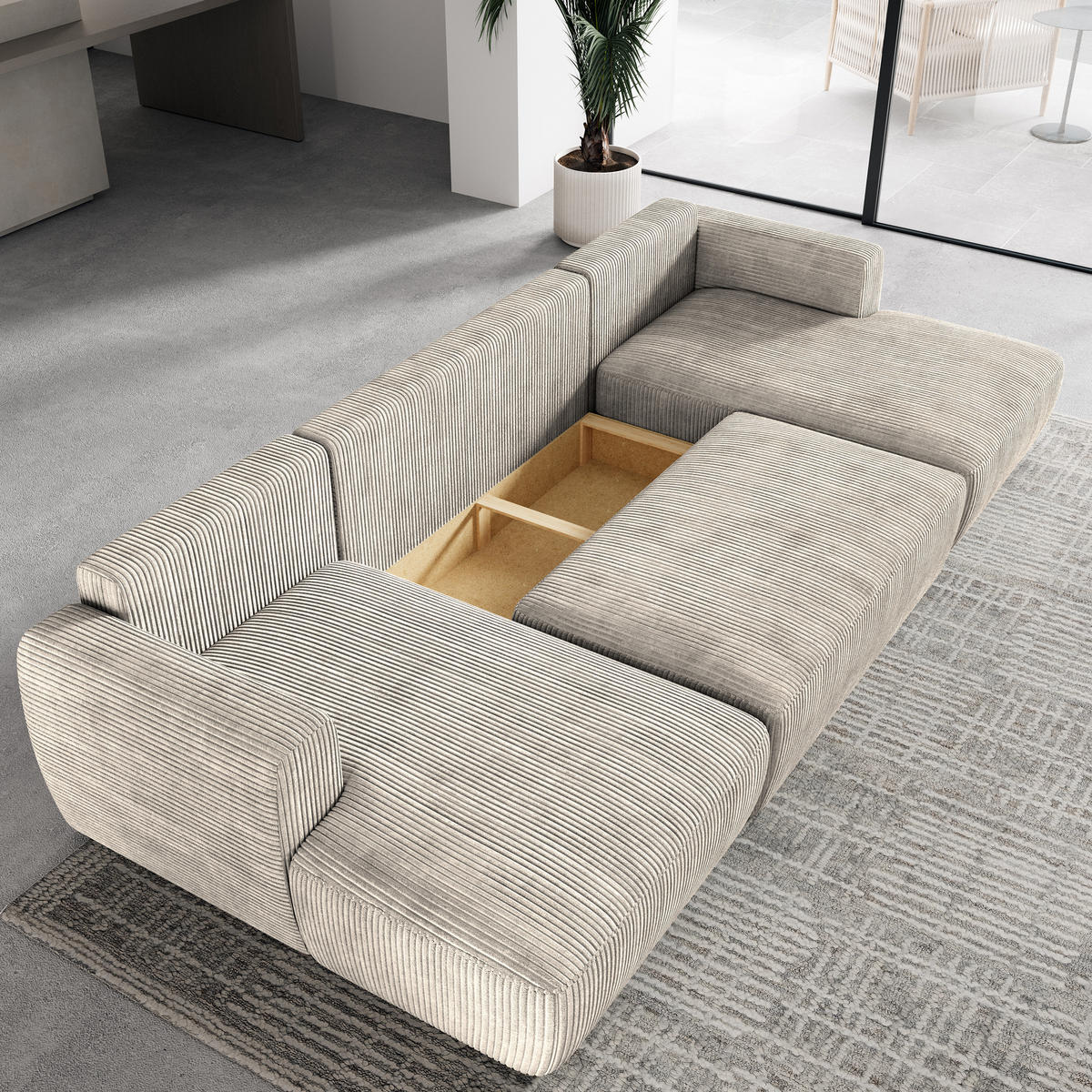 WOHNLANDSCHAFT SENTUM P Creme Kordstoff mit Schlaffunktion - Creme, Holz (330/90/148cm) - MASSENO