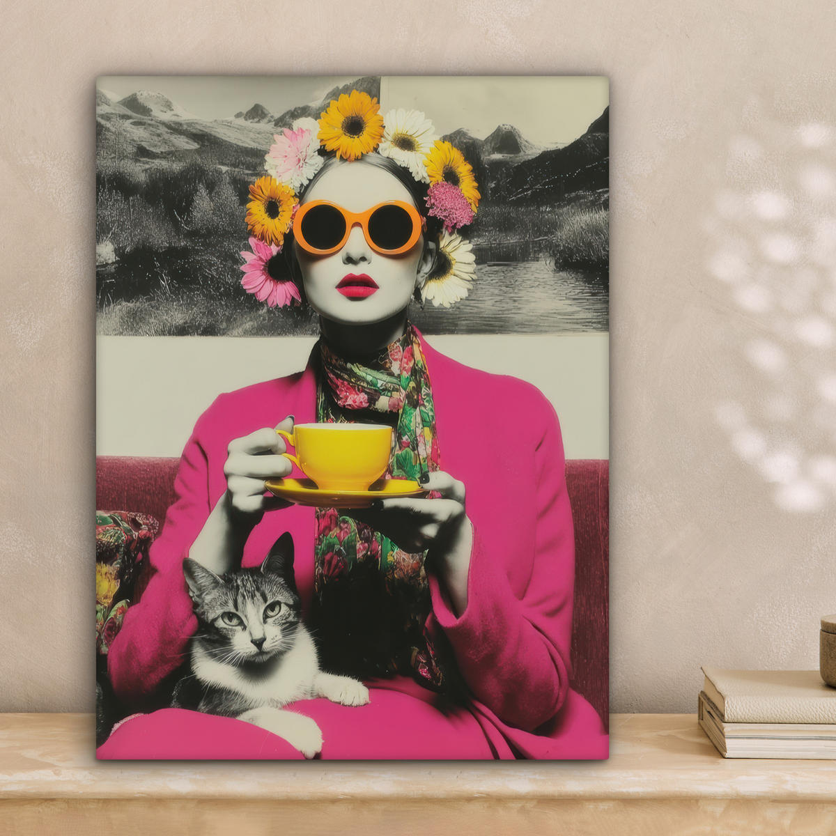 LEINWANDBILD Frau - Katze - Blumen - Tasse - Retro Room Decor 30x40 cm - Magenta, Textil (30/40cm) - MuchoWow