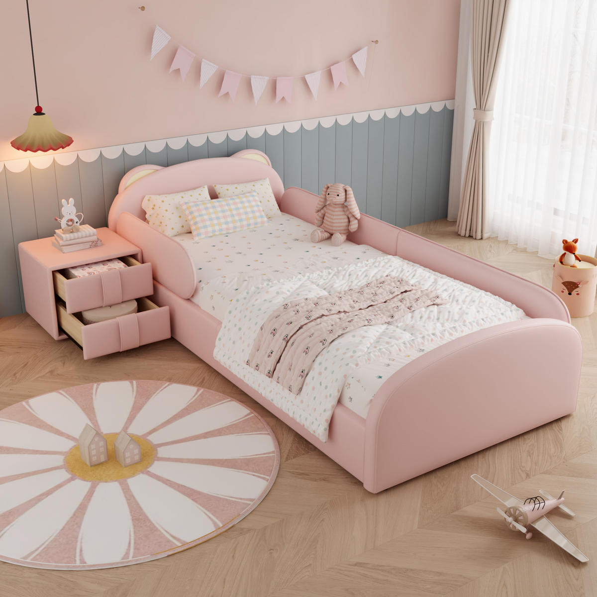 KINDERBETT 90/200 cm in Rosa mit Bären-Kopfteil und Nachttisch - Rosa, Textil (90/200cm) - BEAOK