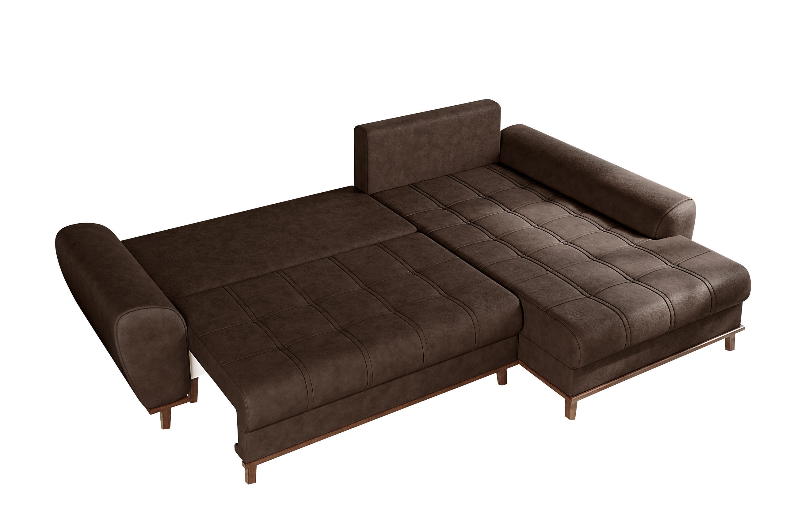 ECKSOFA im Scandi-Stil, Schlaffunktion, Bettkasten B268/T175/H86 cm, Ottomane rechts, Liegefl. 128x209 cm, Mikrofaserstoff in Vintage Braun / 21017 - Eichefarben/Braun, Holz/Textil (268/175cm) - luma-home