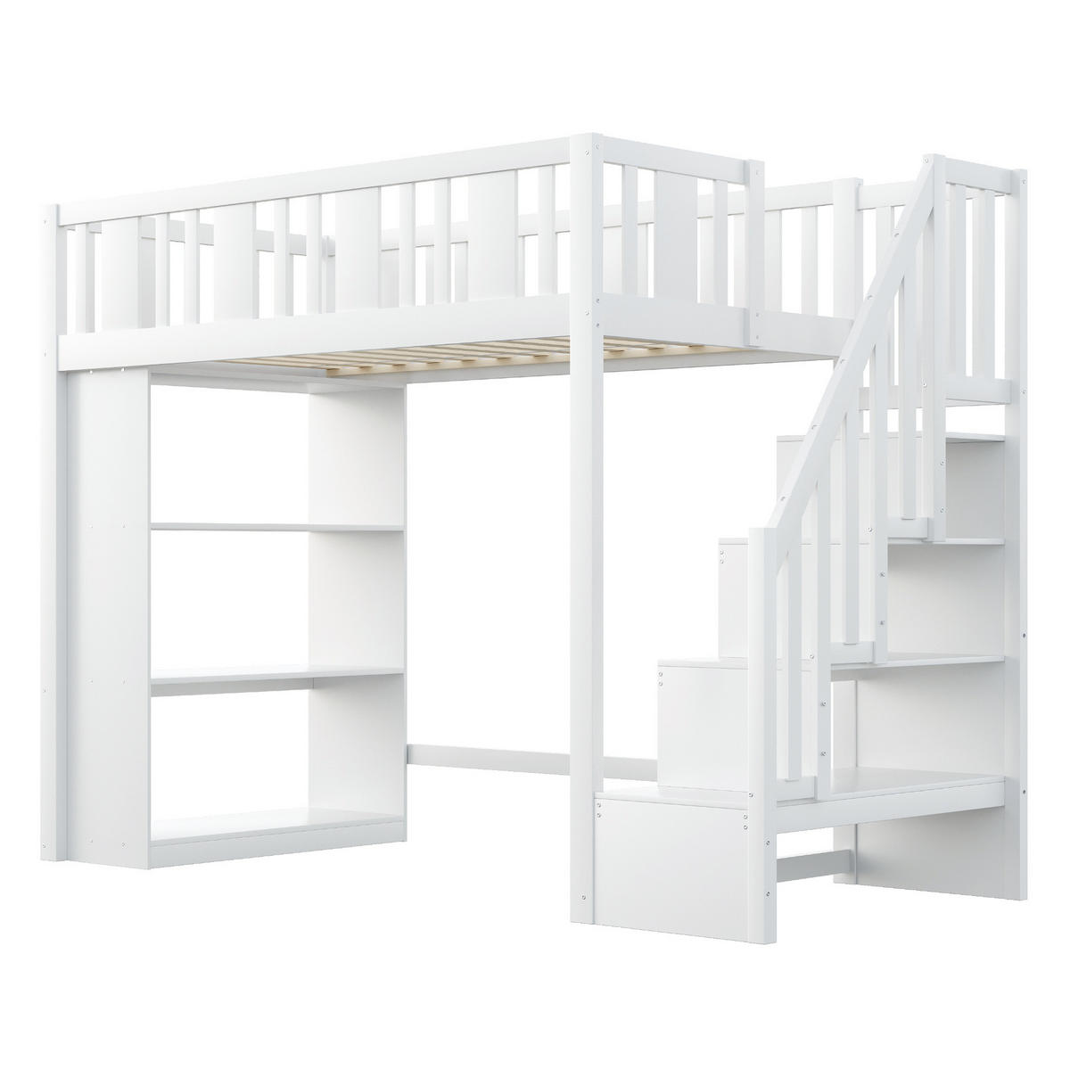 HOCHBETT 90/200 cm mit Stauraumtreppe, 3 Staufächern und Sicherheitsgeländer aus Holzwerkstoff, Weiß - Weiß, Holzwerkstoff (90/200cm) - Redom