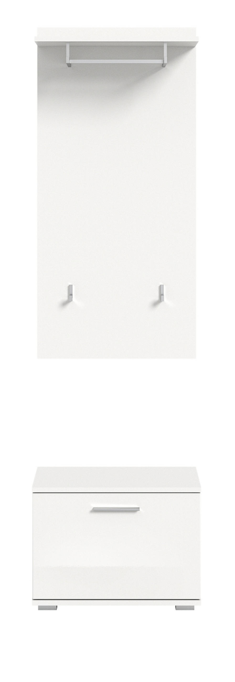 GARDEROBE Set 2-teilig weiß Hochglanz 55 cm, Flurgarderobe mit Kleiderhaken - Weiß Hochglanz/Silberfarben, Holzwerkstoff/Kunststoff (55/191/37cm) - Inn.Furn