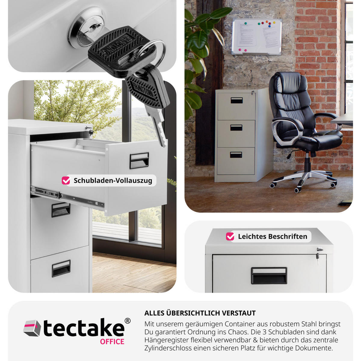 AKTENSCHRANK ,62,4 x 46 x 102,8 cm,grau - Grau, Metall (46/102.8/62.4cm) - tectake