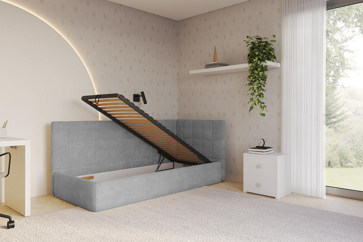 EINZELLBETT Jugendbett mit Bettkasten, Links - TULY 90x200 Grau - Hellgrau, Holzwerkstoff/Textil (90/200cm) - ALTDECOR