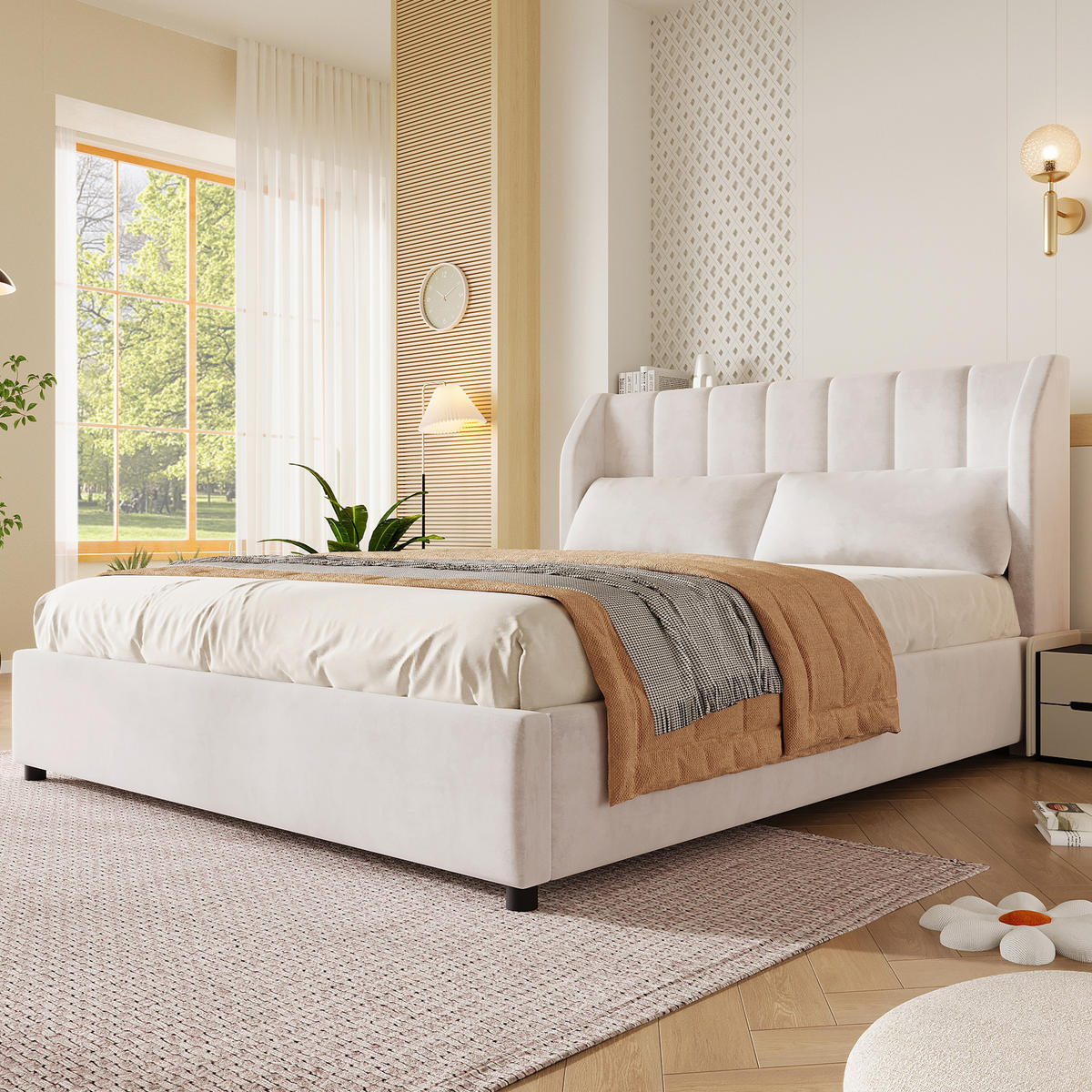 POLSTERBETT 140/200 cm in Beige mit Lattenrost und 2 Kissen aus französischem Samt - Beige, Holzwerkstoff/Textil (140/200cm) - STILVORA