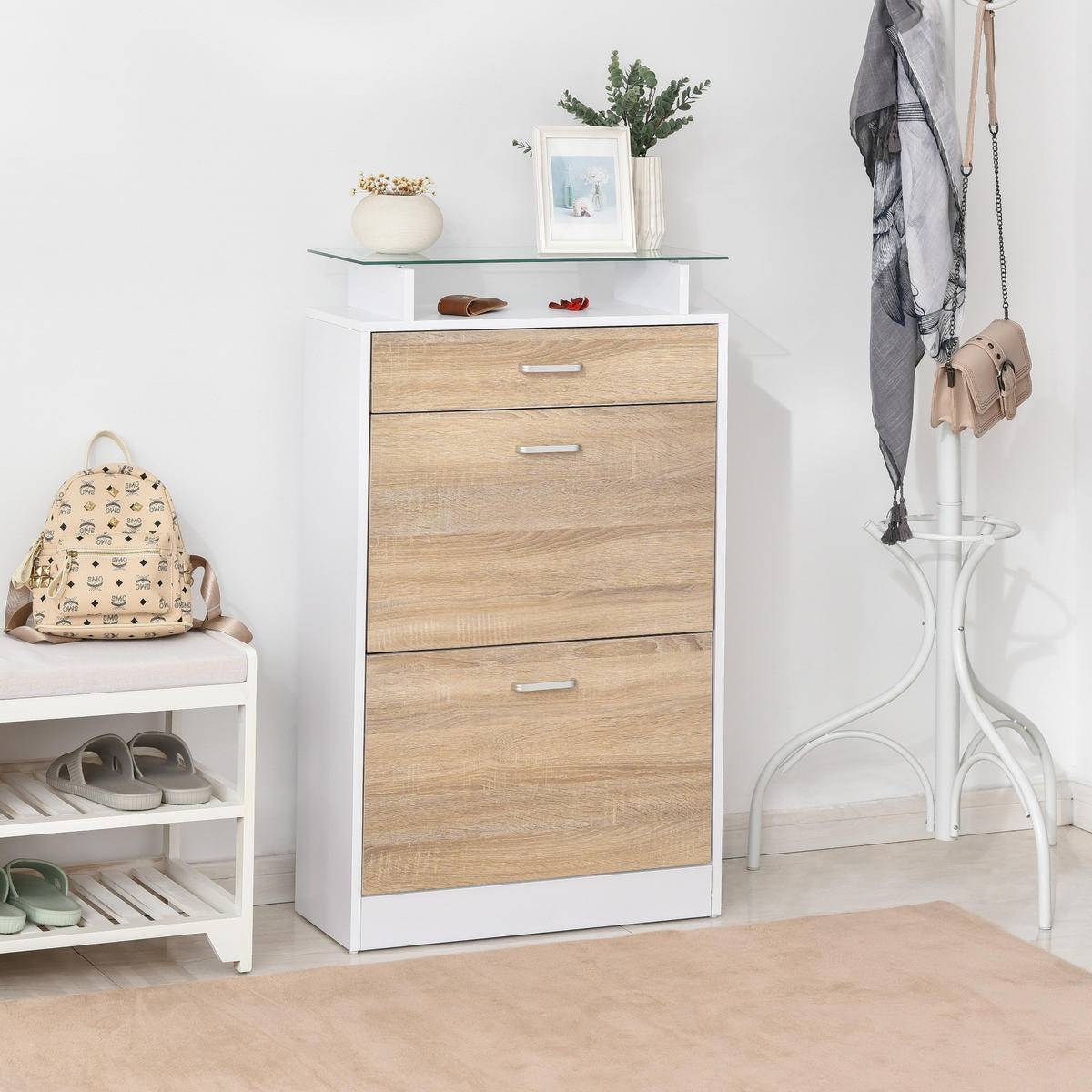 SCHUHSCHRANK DE-14965 2 Klapptüren & Schublade mit Glasablage Eiche - Weiß, Holzwerkstoff (60/105/24cm) - ComfortXL