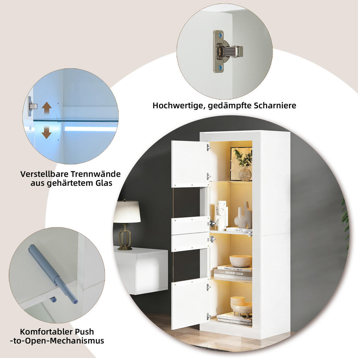 VITRINE in Weiß Highboard mit LED-Beleuchtung und Glasboden für Wohnzimmer und Schlafzimmer, B61/T42/H162 cm - Weiß, Glas/Holzwerkstoff (61/162/42cm) - STILVORA