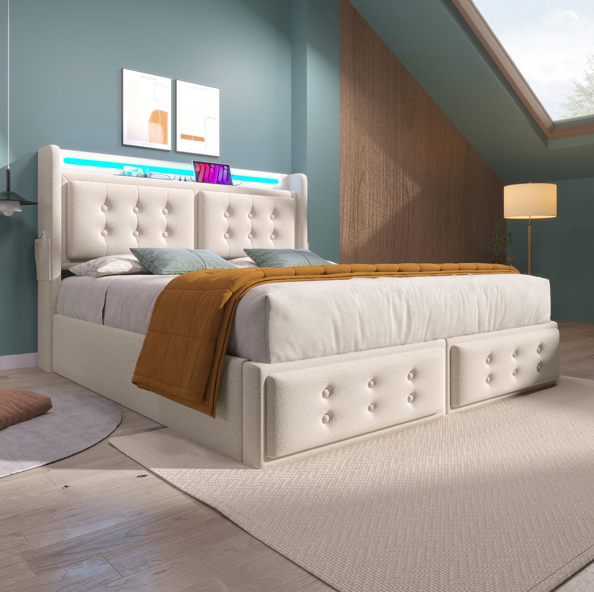 POLSTERBETT mit Stauraum, LED und USB 140x200 cm Beige - Beige, Metall (140/200cm) - Meubliv