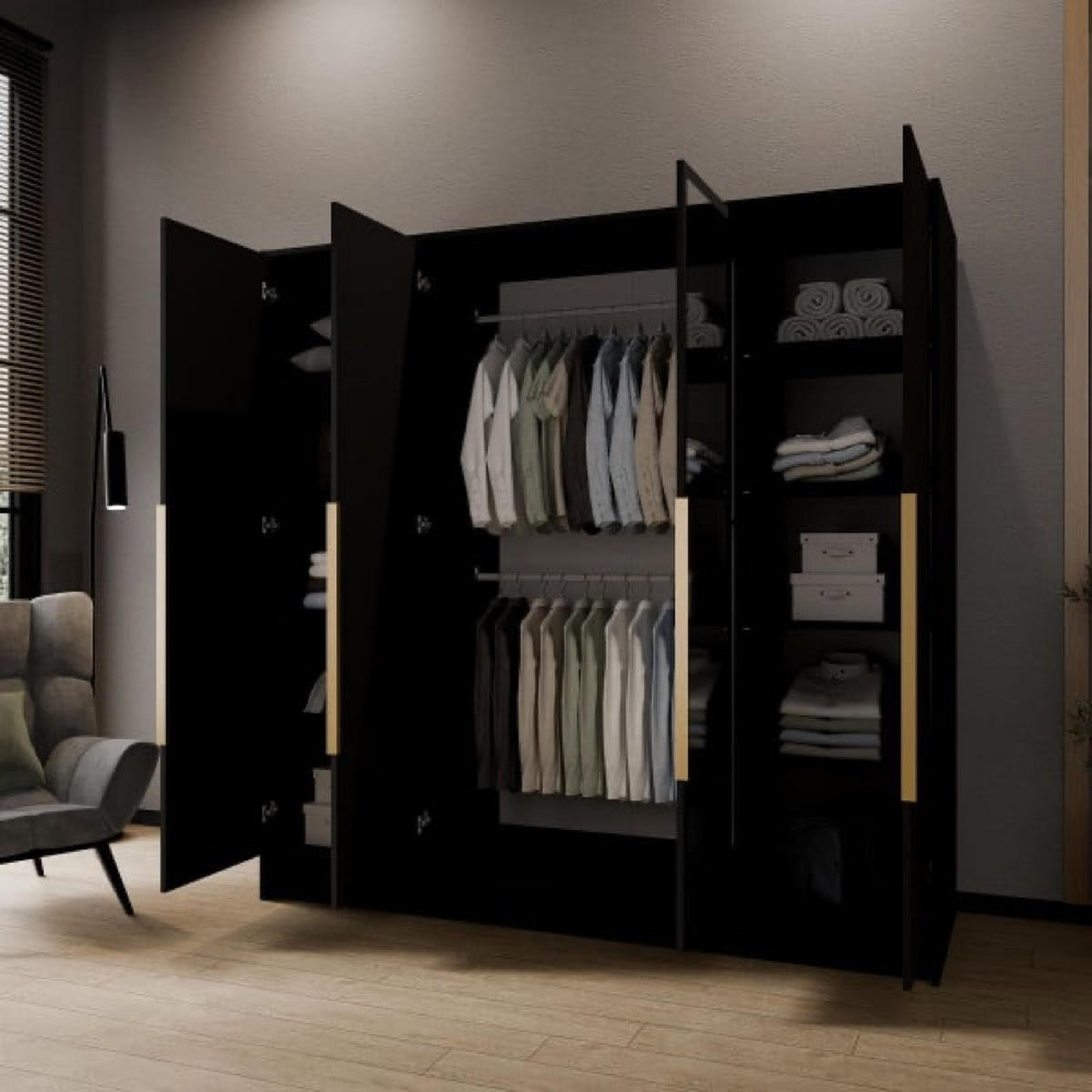 SCHRANK Schwarz LUSO Mit Spiegel Und Goldenen Griffen 200 g - Gelb, Holzwerkstoff (200/200/51cm) - Sepro Meble