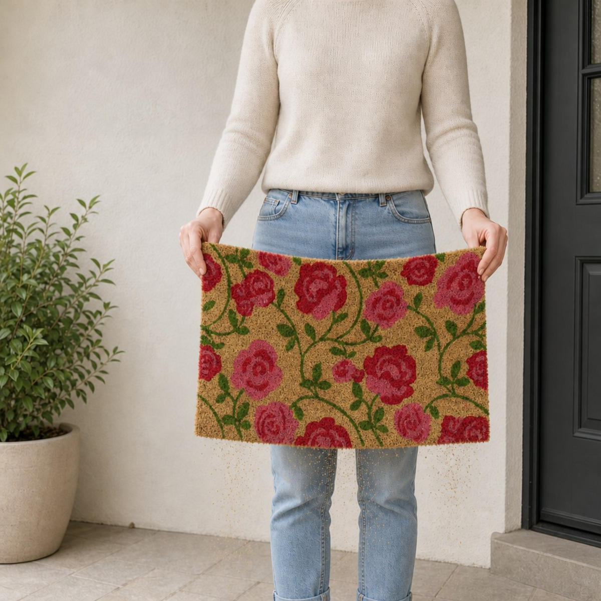 FUSSMATTE Natur Kokos Rosenmotiv rutschfest 60x40 cm - Multicolor, Kunststoff/Textil (60/40cm) - Relaxdays
