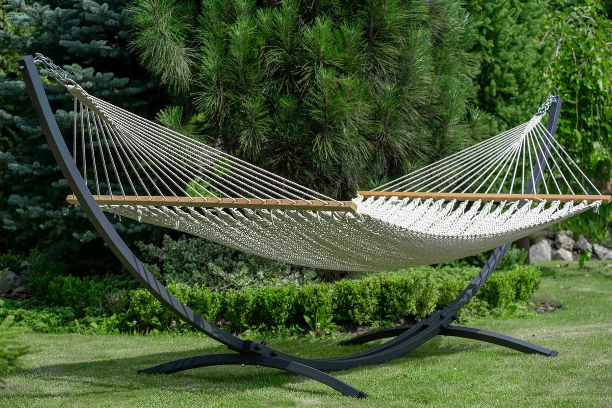 HÄNGEMATTE mit Gestell, 2 Personen, Stabhängematte, XXL, 200 kg, Metall,Beige, einfache Montage - Weiß, Metall (370/130/120cm) - Potenza