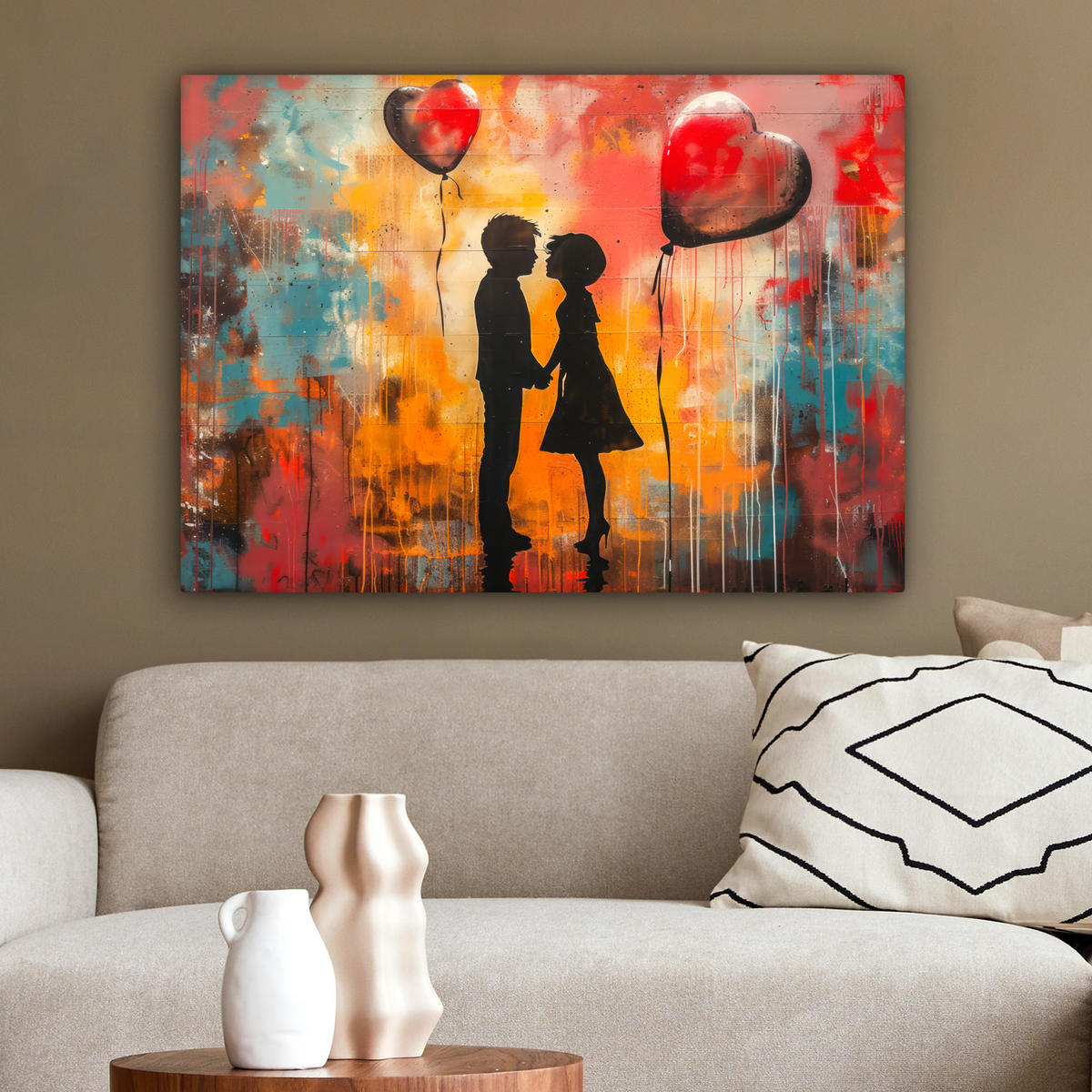 LEINWANDBILD Straßenkunst - Liebe - Graffiti - Kunst - Banksy 80x60 cm - Orange, Textil (80/60cm) - MuchoWow