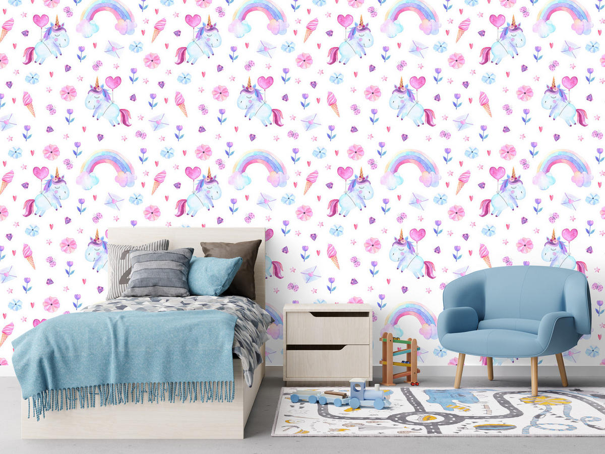 VLIESTAPETE Einhörner und Regenbogen – Rosa, Blau, Weiß – 50x1000 cm - Blau/Rosa, Papier (50/1000cm) - Muralo