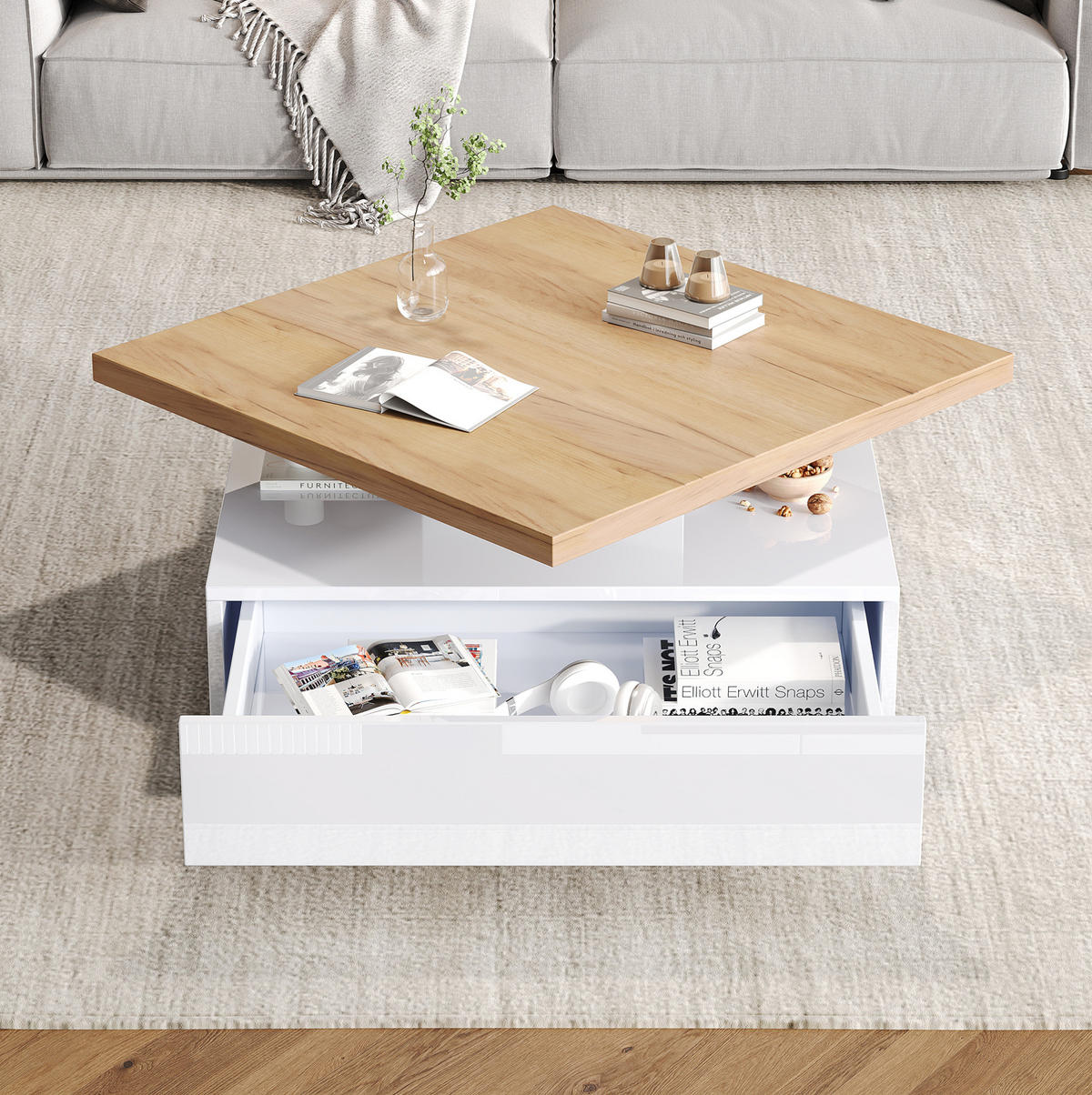COUCHTISCH drehbar 70x70 cm Weiß Walnuss mit Schublade - Weiß, Holzwerkstoff (70/70/36cm) - Meubliv