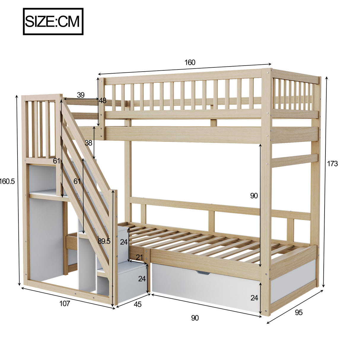 ETAGENBETT 90/200 cm aus Massivholz mit Stauraumtreppe und Schublade Naturfarben/Weiß - Naturfarben, Holz (90/200cm) - Modenvie