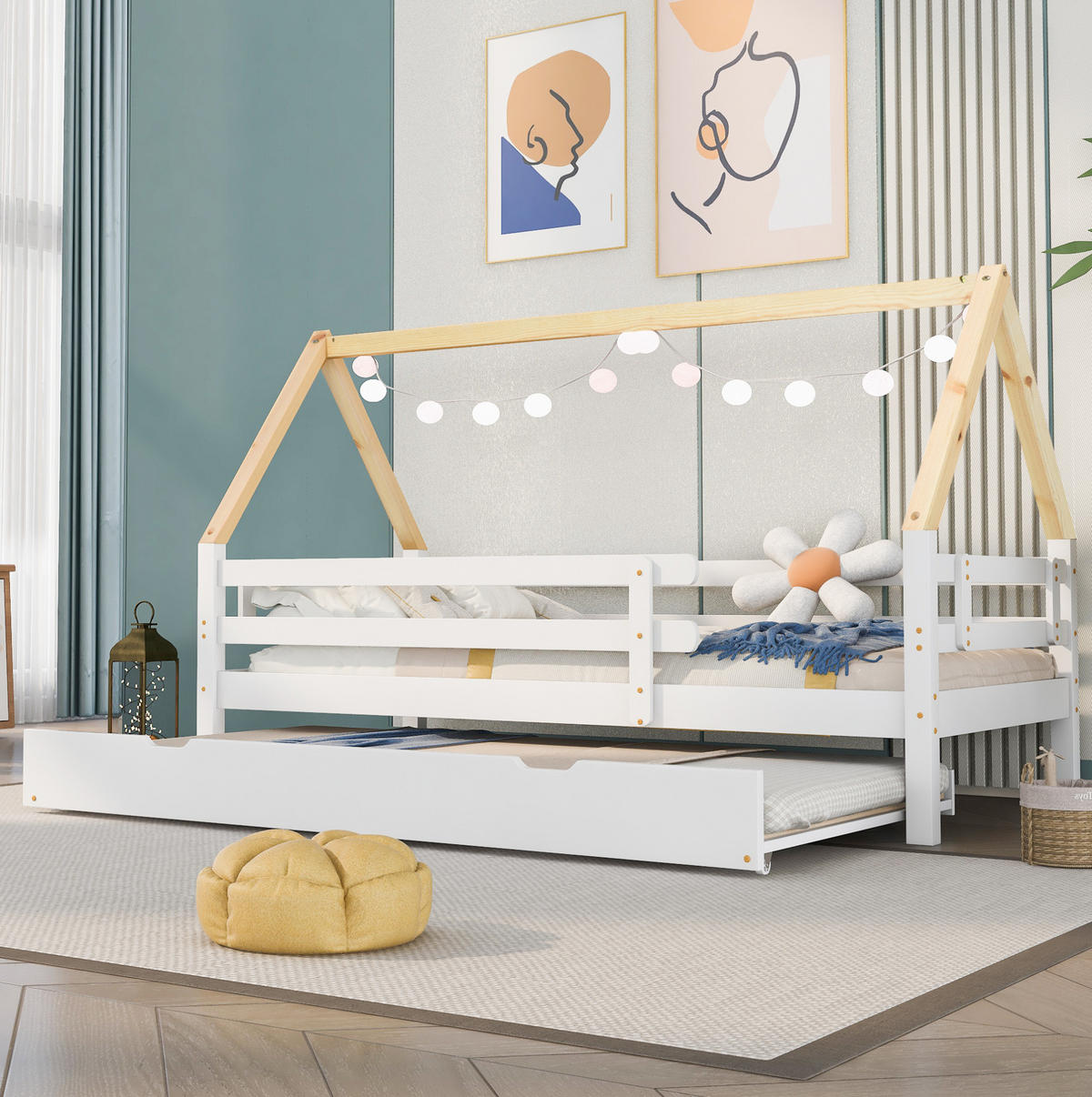 KINDERBETT 90/200 cm in Hausform mit Rollbett aus massivem Kiefernholz - Weiß, Holz (90/200cm) - BEAOK