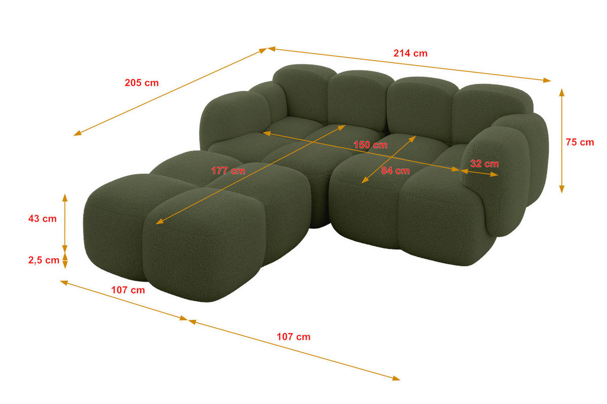 ECKSOFA modulares Sofa Links Miko-L1 214x205x75 Grün Bouclé - Smaragdgrün/Schwarz, Holzwerkstoff/Kunststoff (214/205cm) - ALTDECOR