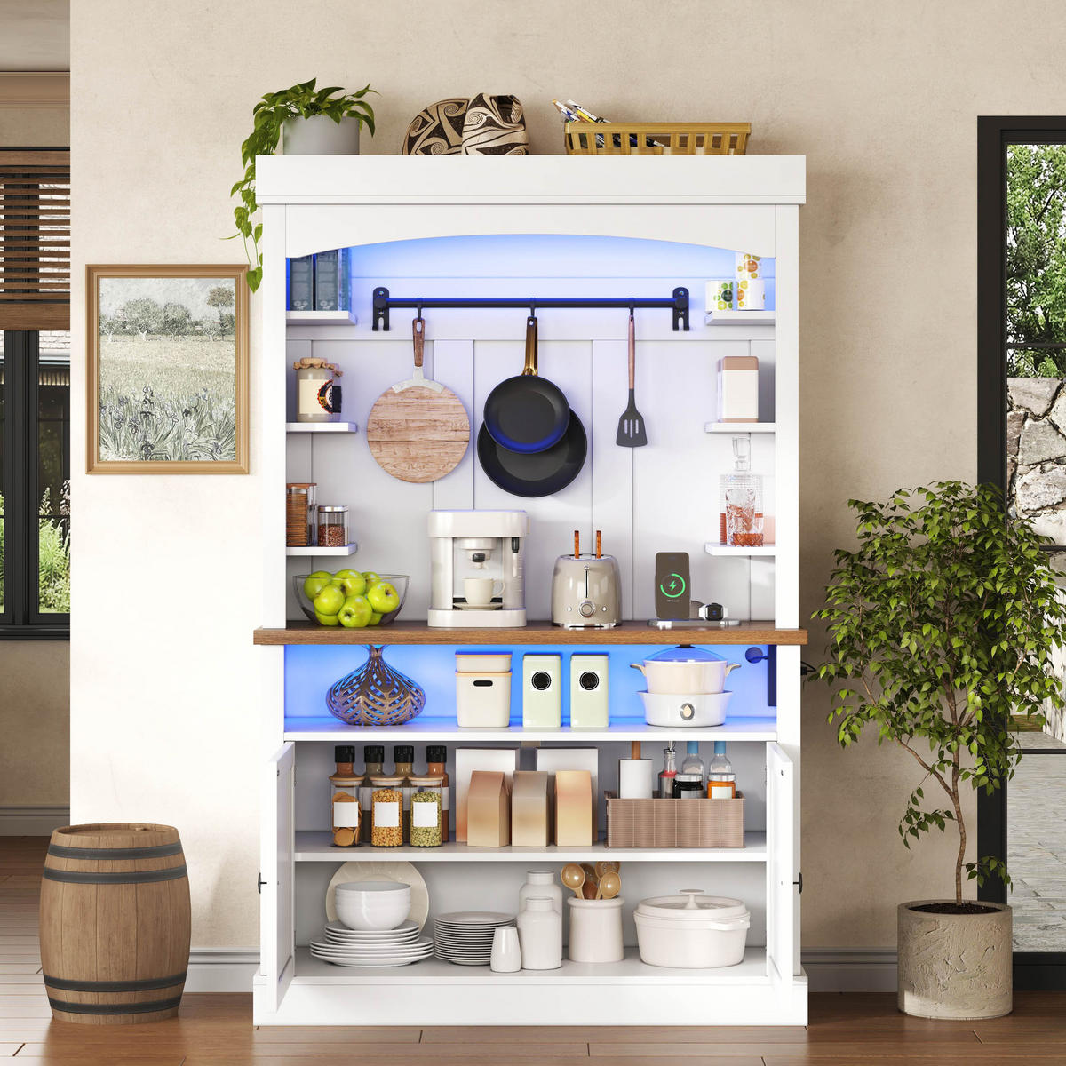 BUFFET 183 cm MDF Weiß mit Bogendesign, RGB-LED und Weinregal - Weiß, Holzwerkstoff (43/183/106cm) - Korfee