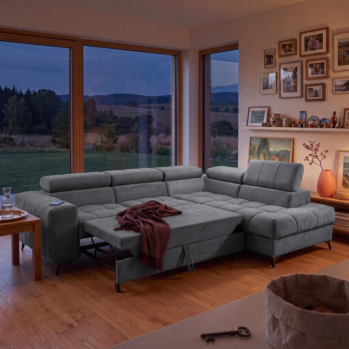 ECKSOFA PUDDING L Rechts mit Schlaffunktion 125x195 Velours Dunkelgrau - Dunkelgrau/Schwarz, Holz/Textil (275/203cm) - Muffo