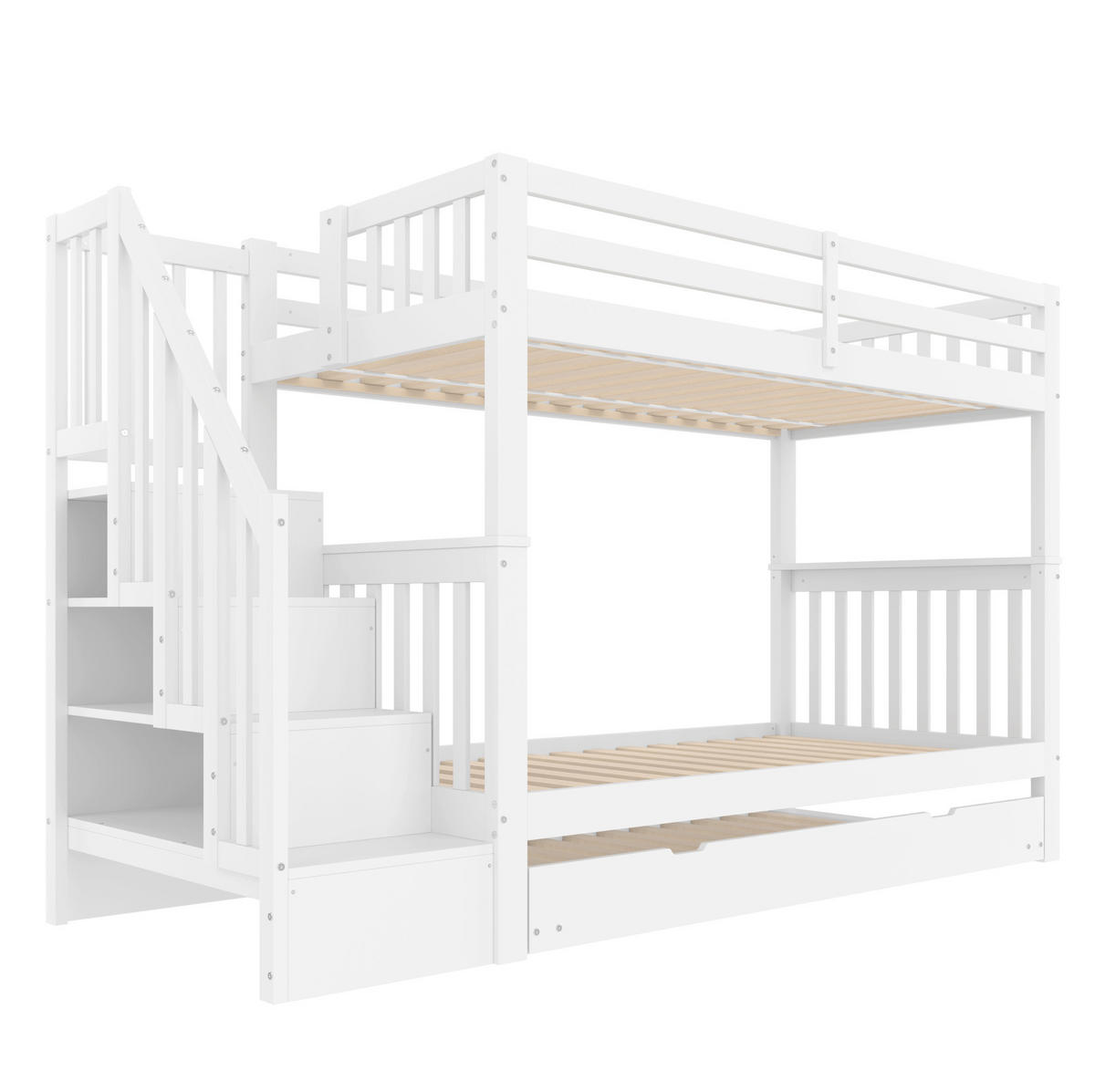 ETAGENBETT 90/200 cm in Weiß mit Treppenregal und ausziehbarem Rollbett - Weiß, Holzwerkstoff (90/200cm) - BEAOK