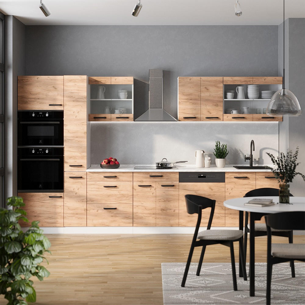 KÜCHENZEILE R-Line Goldkraft Eiche/Weiß 350 cm AP Eiche - Honigeiche/Eiche Wotan, Holzwerkstoff (350/81.6/60cm) - Vicco