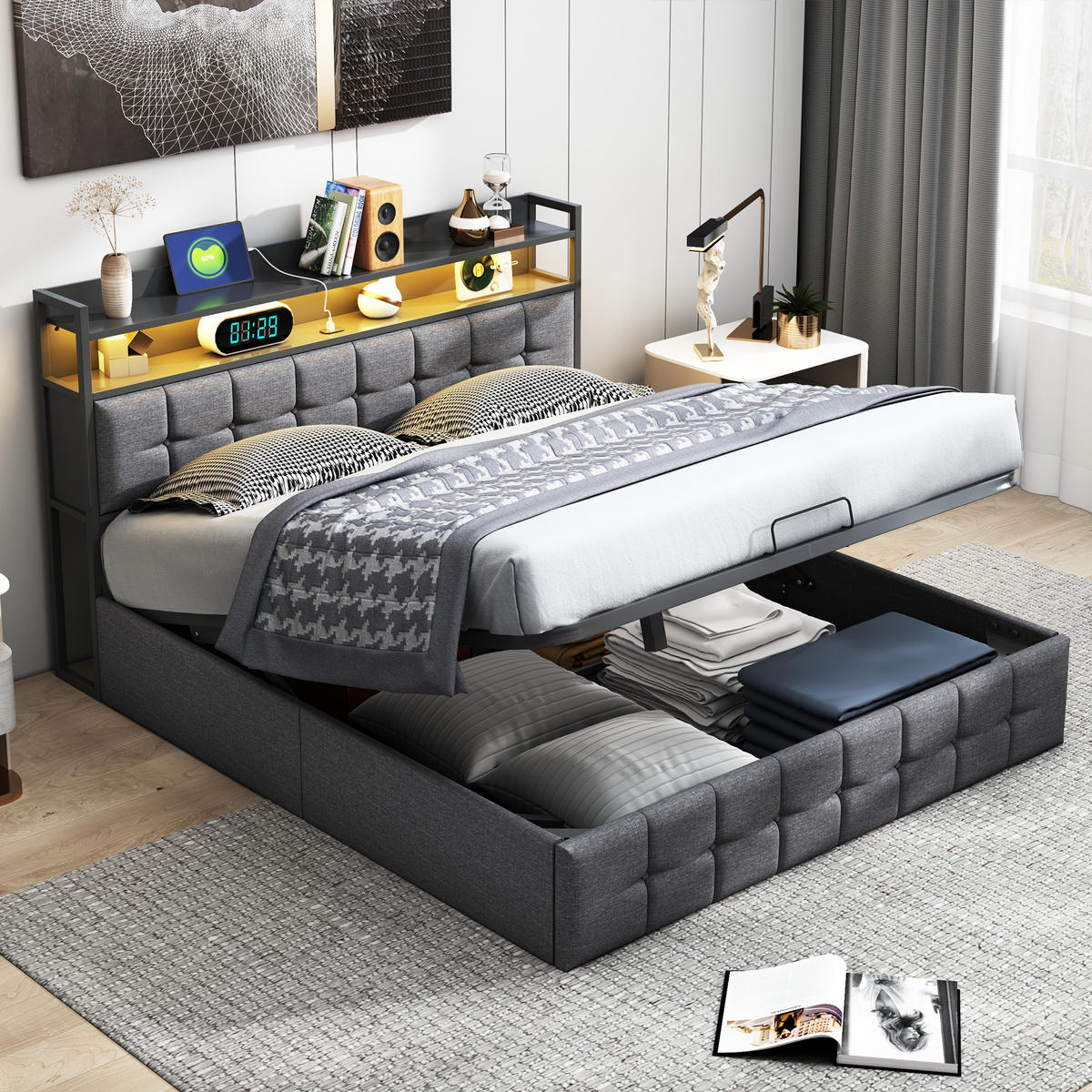 POLSTERBETT 140x200 cm, Grau, LED-Beleuchtung, Leinen - Grau, Textil/Metall (140/200cm)