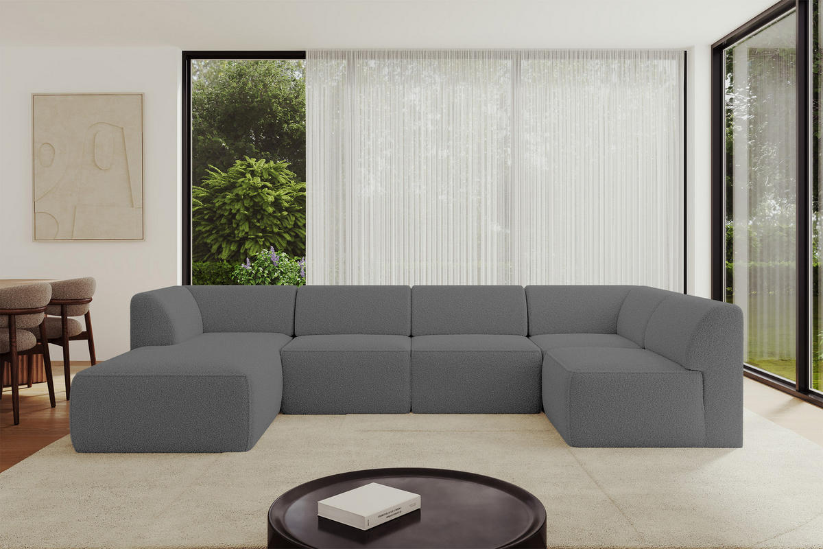 WOHNLANDSCHAFT Ottomane Links MOVO-L 345x180x78 cm Grau Bouclé - Chromfarben, Holzwerkstoff/Kunststoff (345/78/180cm) - ALTDECOR