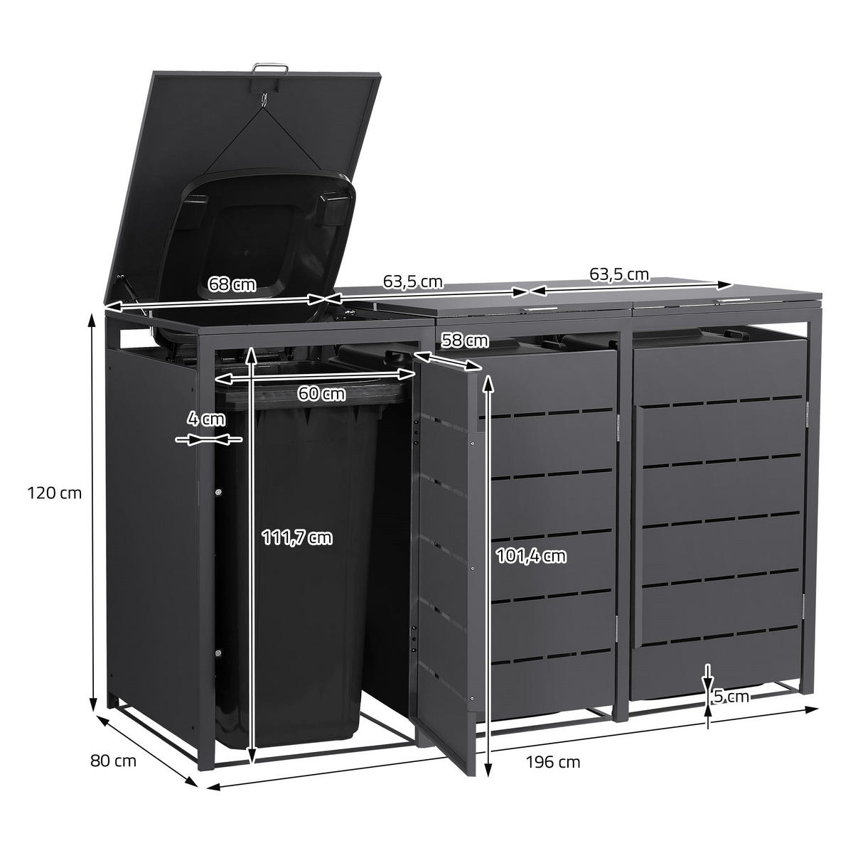 MÜLLTONNENBOX 3er 240L 196x80x120 cm Anthrazit aus Stahl wetterfest - Anthrazit, Metall (80/120/196cm) - ML-DESIGN