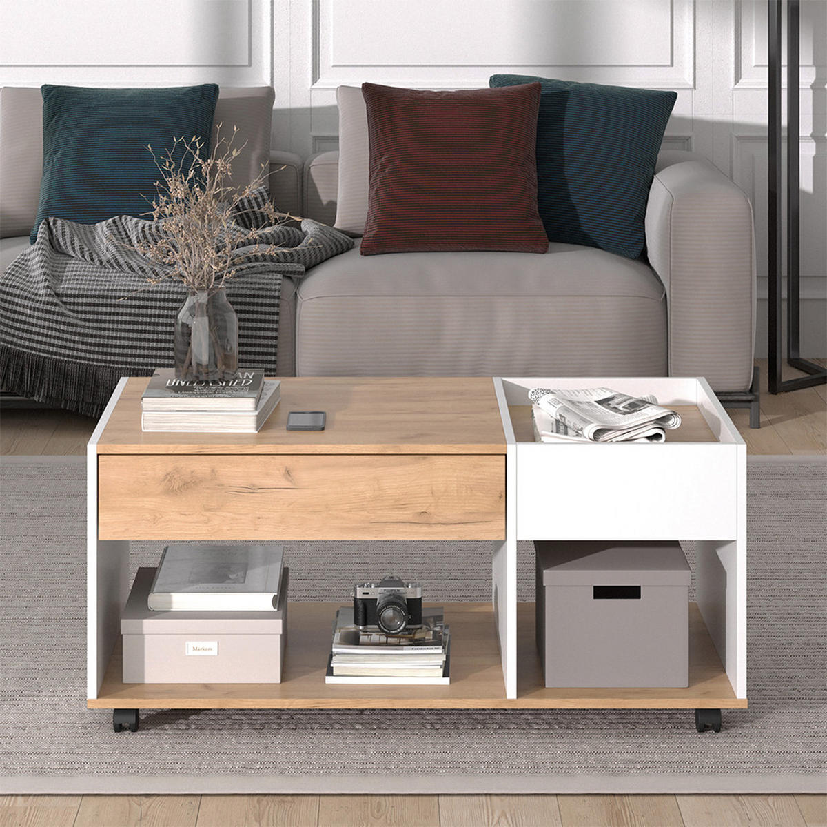COUCHTISCH Maik Goldkraft Eiche/Weiß 110 x 60 cm mit Schublade - Eiche Wotan/Weiß, Holzwerkstoff (60/110/49.5cm) - Vicco