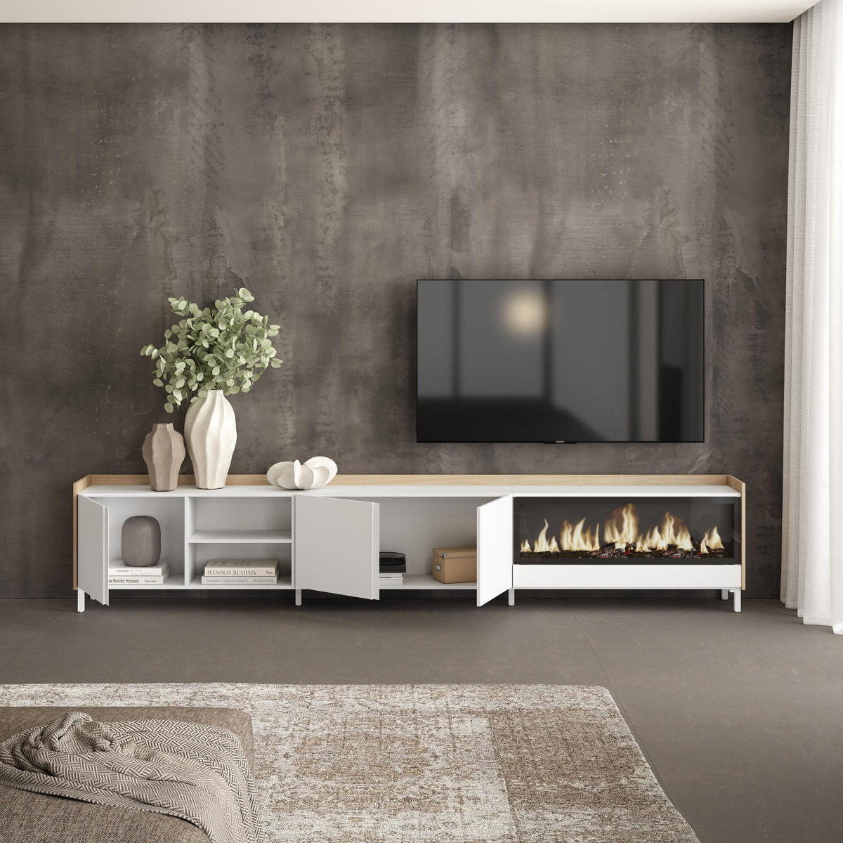 LOWBOARD, Weiß und Eiche, 315/35/61cm, Kamin mit Feuereffekt XXL - Weiß, Holzwerkstoff (315/61/35cm) - Skraut Home