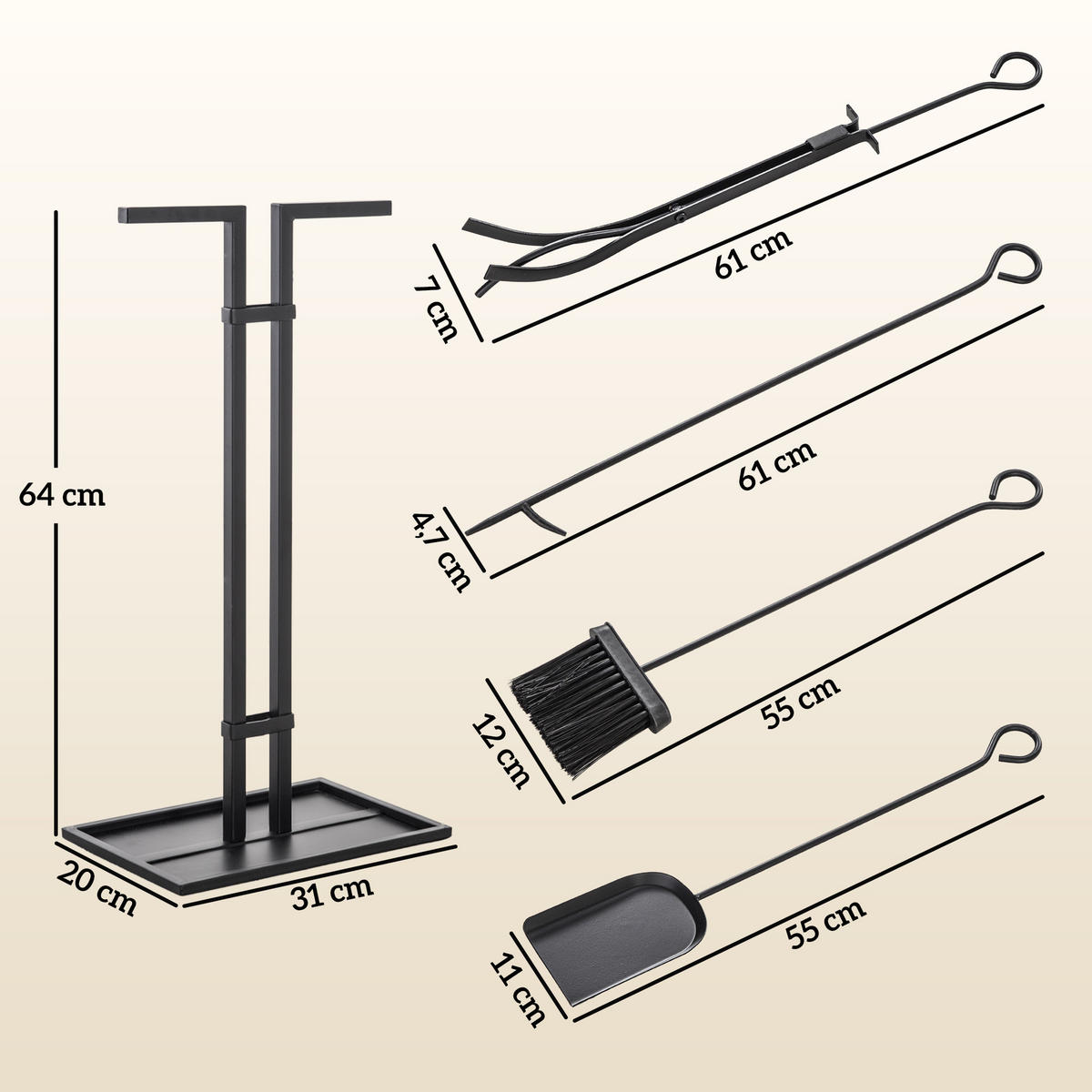 KAMINWERKZEUGSET 5tlg DE-13778 mit Rechteckständer Schwarz - Schwarz, Metall (31/64/20cm) - ComfortXL