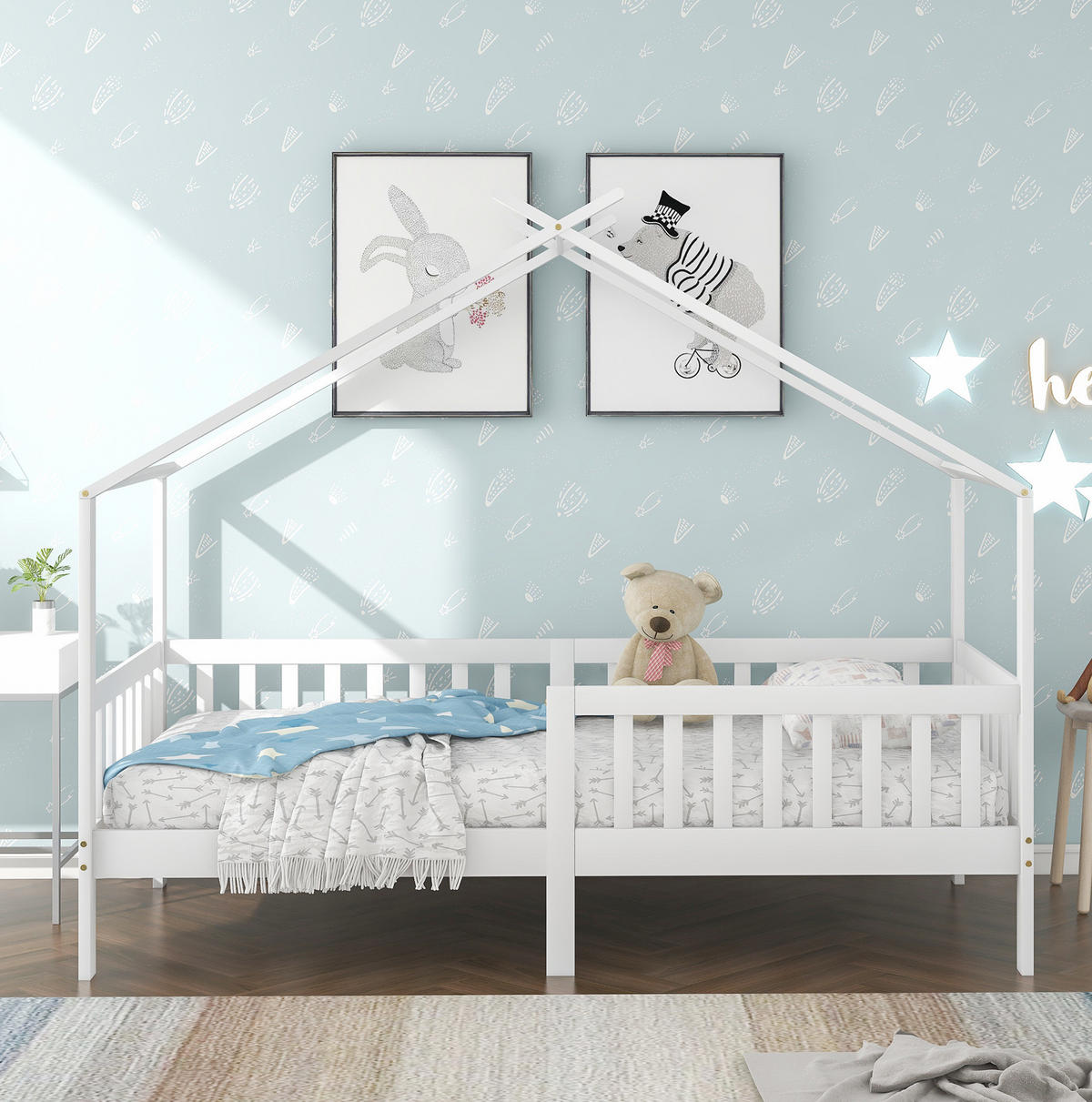 HAUSBETT 90/200 cm Weiß aus Massivholz mit Sicherheitspodest und Lattenrost - Weiß, Holz (90/200cm) - OKWISH