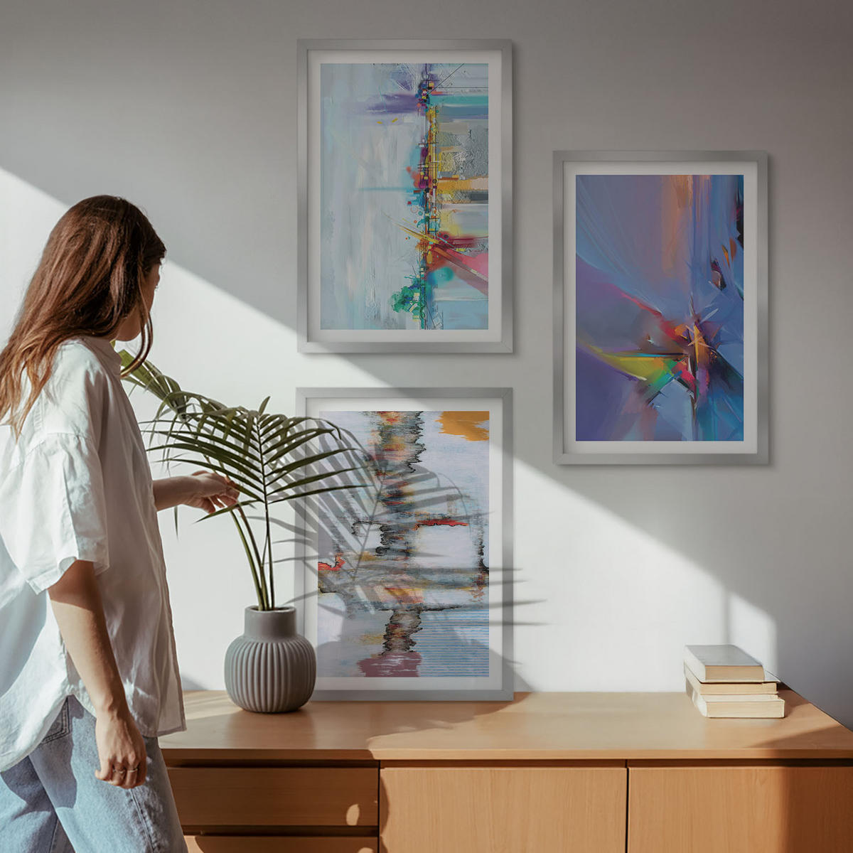 WANDBILDER 3er Set - 40x60 cm Silberner Rahmen - Abstrakte Gemäldekompositionen - Silberfarben, Kunststoff (40/60cm) - ArtPrintCave