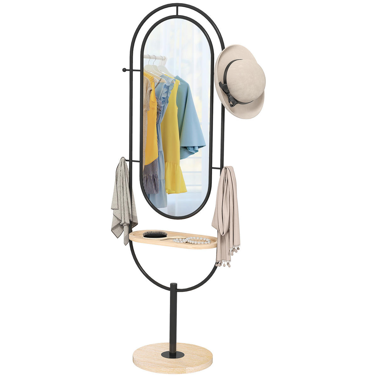 STANDSPIEGEL DE-17933 oval mit Holzablage & 4 Haken Schwarz - Schwarz, Glas (50/175.5/40cm) - ComfortXL