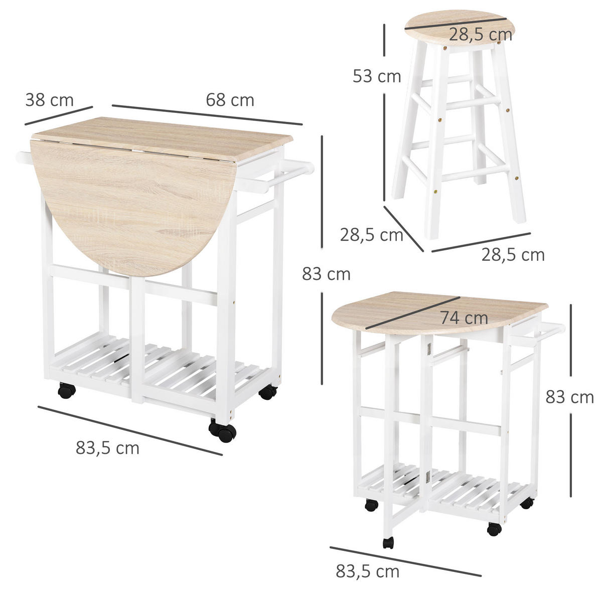 BARTISCH-SET DE-14686 klappbar mit Rollen & 2 Hockern Eiche hell - Beige, Holzwerkstoff (83/74/83cm) - ComfortXL
