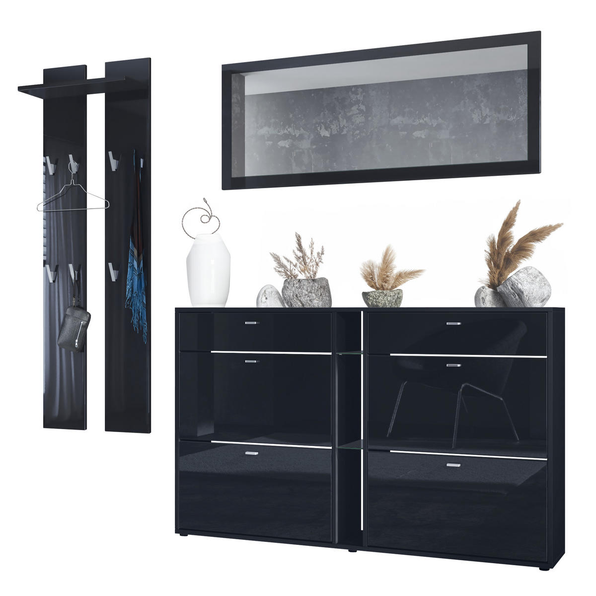 GARDEROBE Orlando Schwarz Hochglanz - Schwarz Hochglanz, Holzwerkstoff (215/210/28cm) - Vladon