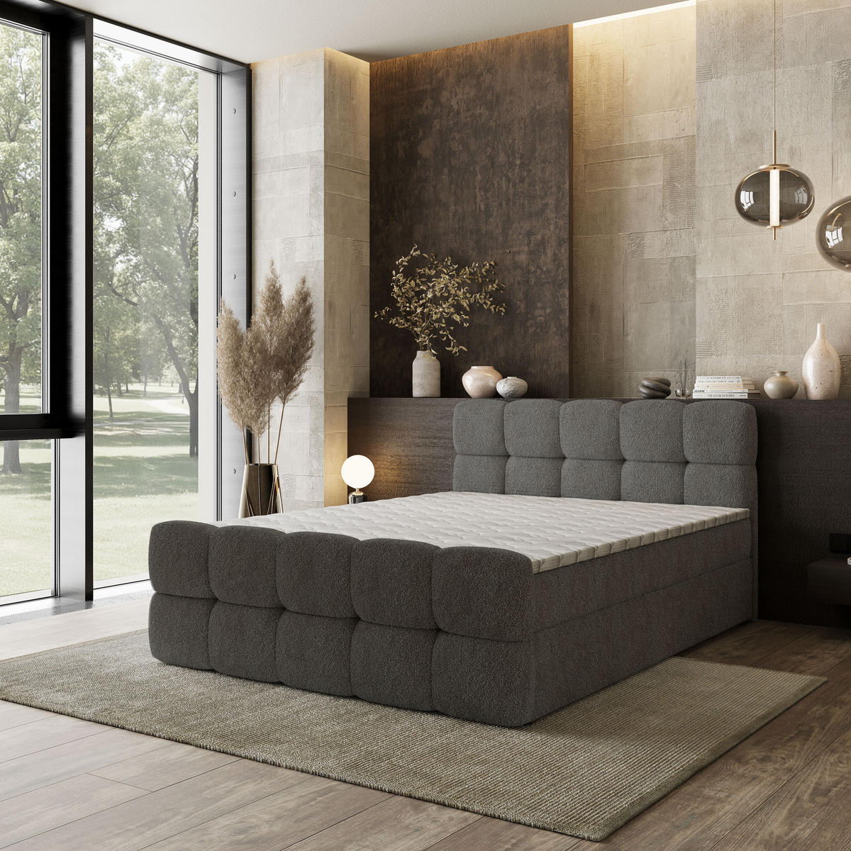 BOXBETT BRUME 140x200 cm mit Matratze und Topper, H2+H3 - Grau - Grau, Holz (140/200cm) - MASSENO