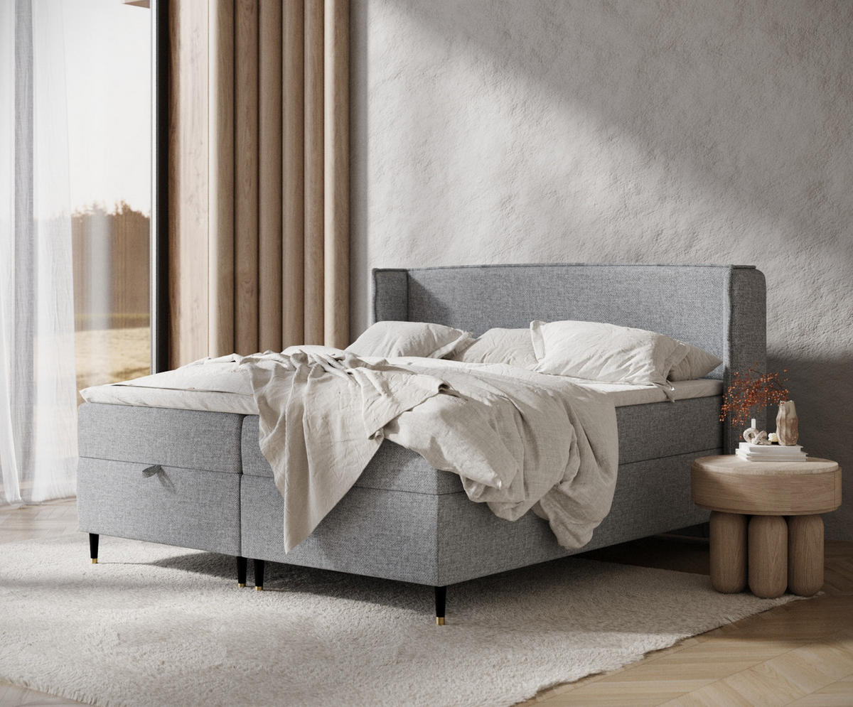 BOXBETT Monpelli Grau 180/200 cm mit Matratze und Topper - Schwarz/Grau, Holz/Holzwerkstoff (180/200cm) - Maison de Reve