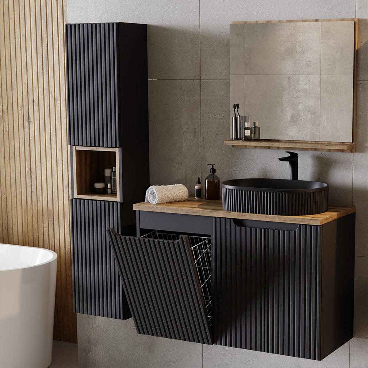 BADMÖBEL-SET 3-TLG. Newport-56 - Schwarz, Holzwerkstoff (210/200/40cm) - Lomado