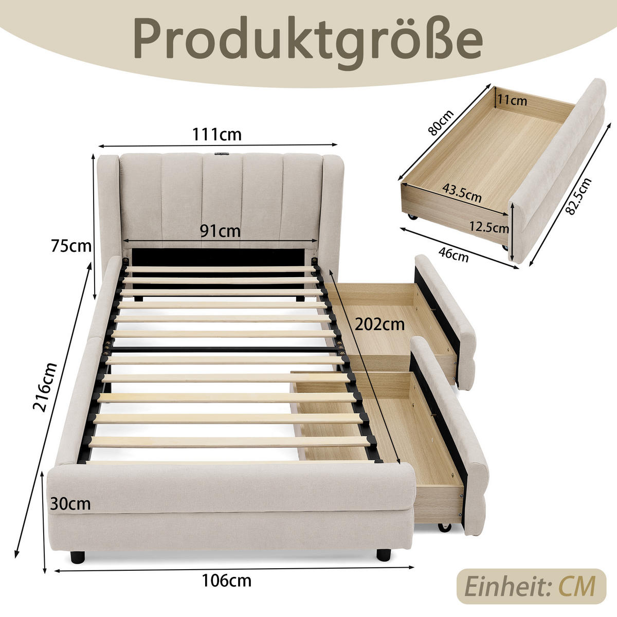 EINZELBETT 90x200 cm USB Stauraum beige - Beige, Textil (90/200cm) - LEBENLANG
