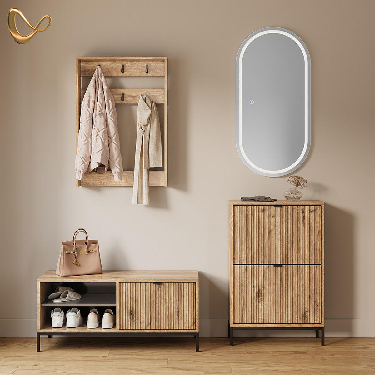 SCHUHKIPPER Aterno Viking Oak 60 x 92 cm mit 2 Klappschubladen - Eichefarben, Holzwerkstoff (60/92/24cm) - Livinity®