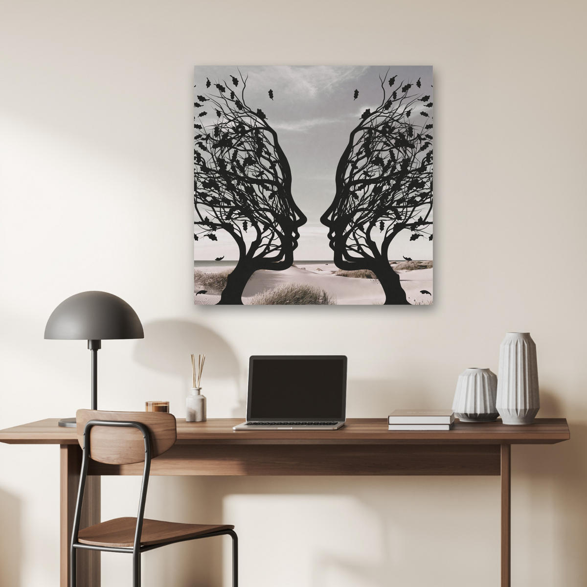 AKUSTIKBILD Strand - Meer - Menschen - Baum - Moderne Kunst Akustikpaneele 80x80 cm - Hellgrau, Kunststoff (80/80/0.9cm) - MuchoWow