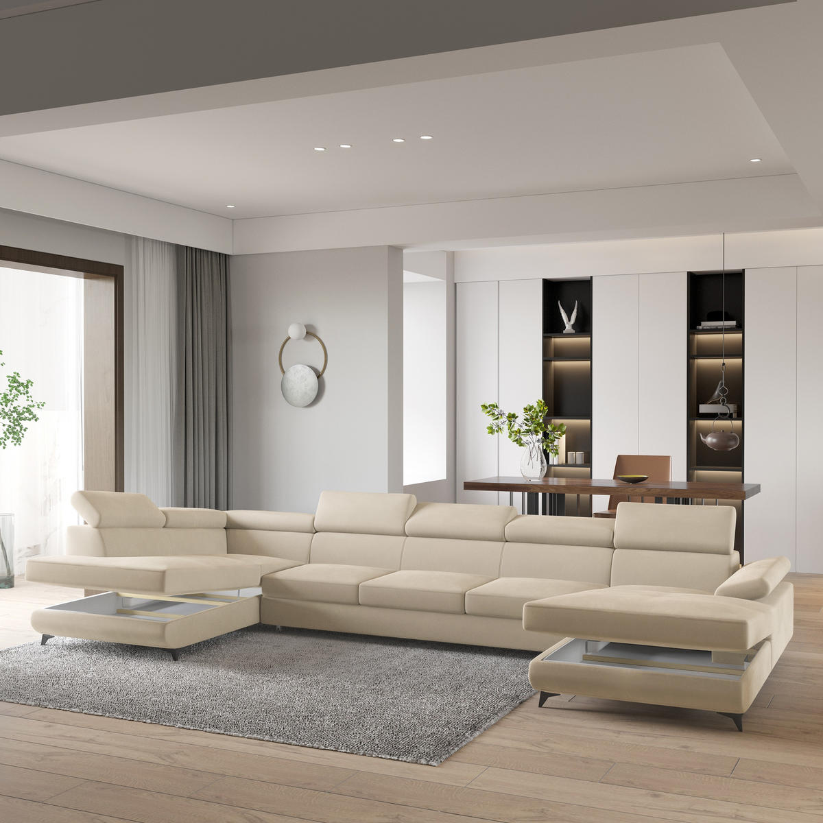 WOHNLANDSCHAFT MONTIVA Creme Velours-Stoff mit Schlaffunktion - Creme, Holz (410/89/190cm) - MASSENO