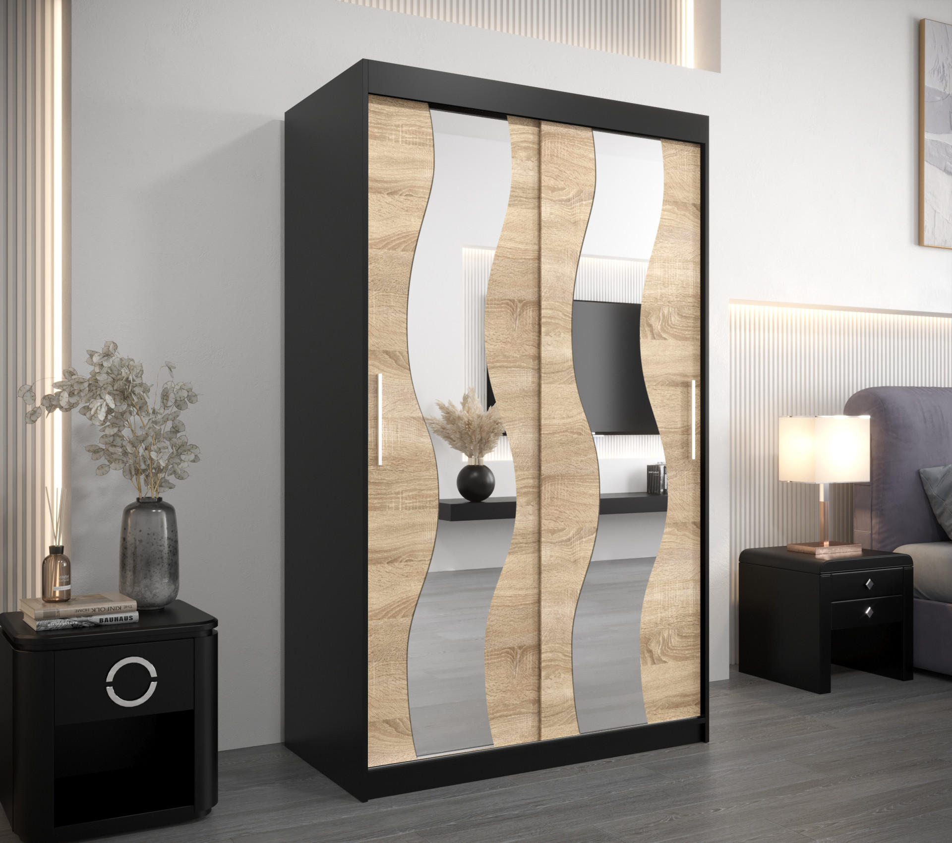 SCHWEBETÜRENSCHRANK 200/120/62 2-türig - Silberfarben/Schwarz, Holz/Kunststoff (120/200/62cm) - Abiks Möbel