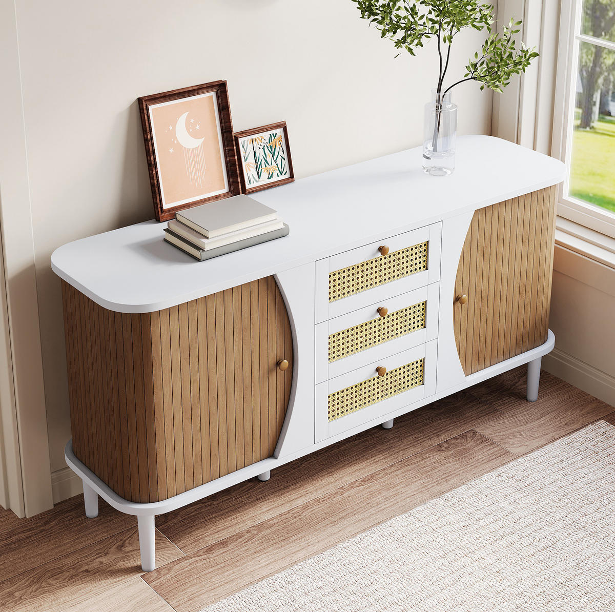 SIDEBOARD 140,5/40/76 cm mit 2 Türen & 3 Rattanschubladen in Weiß/Holzfarbe - Weiß, Holzwerkstoff (140.5/76/40cm) - BEAOK